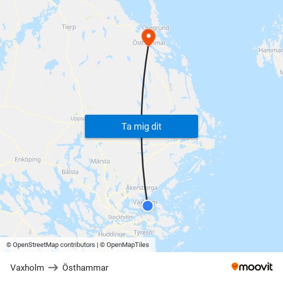 Vaxholm to Östhammar map