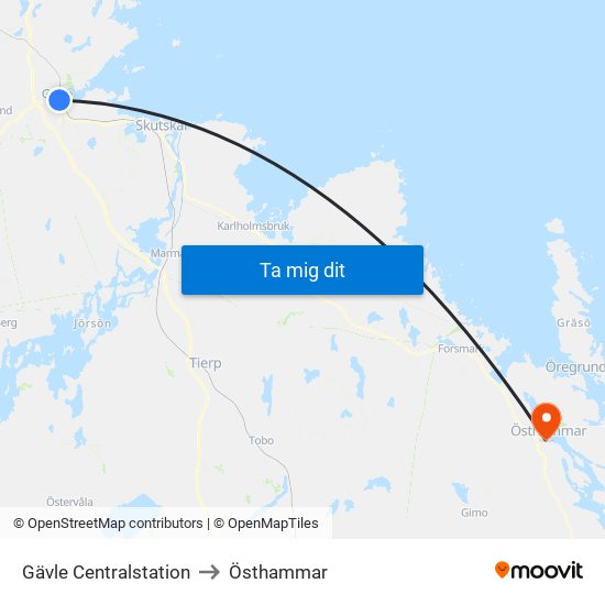 Gävle Centralstation to Östhammar map