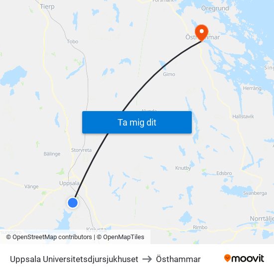 Uppsala Universitetsdjursjukhuset to Östhammar map