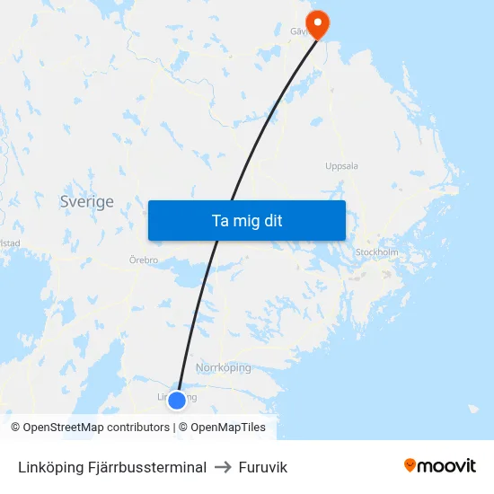 Linköping Fjärrbussterminal to Furuvik map