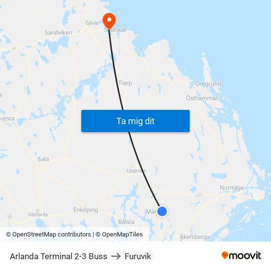 Arlanda Terminal 2-3 Buss to Furuvik map