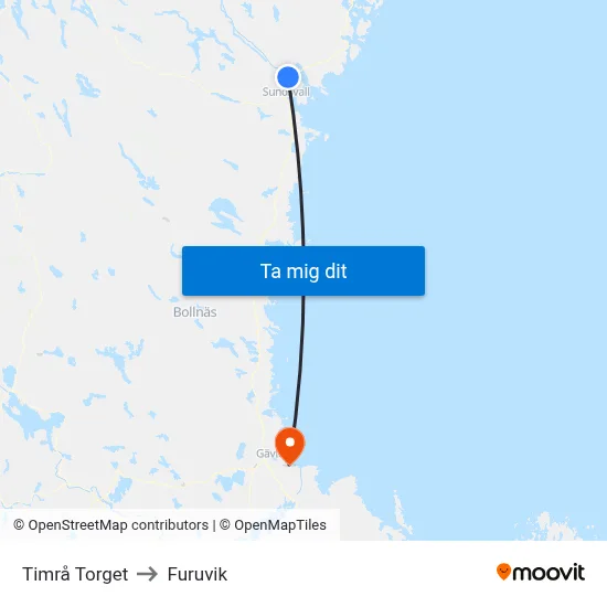 Timrå Torget to Furuvik map