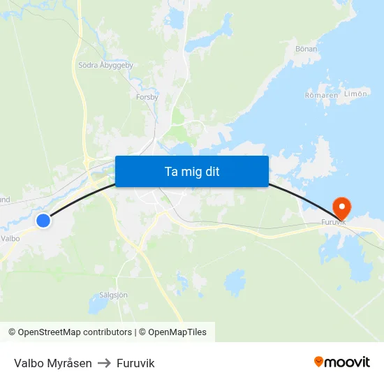 Valbo Myråsen to Furuvik map
