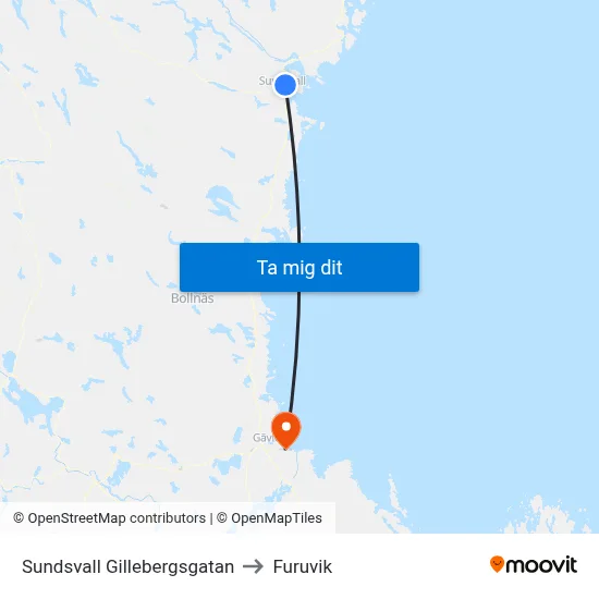 Sundsvall Gillebergsgatan to Furuvik map
