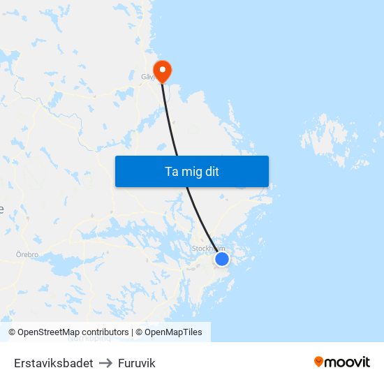 Erstaviksbadet to Furuvik map