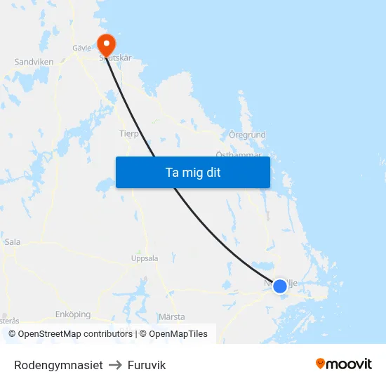 Rodengymnasiet to Furuvik map