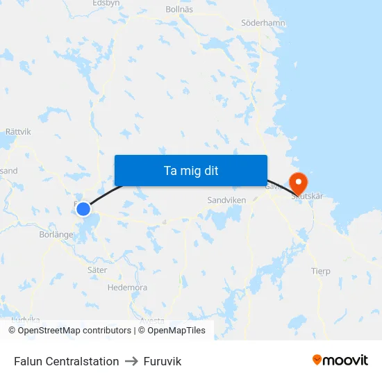 Falun Centralstation to Furuvik map