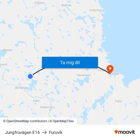 Jungfruvägen E16 to Furuvik map