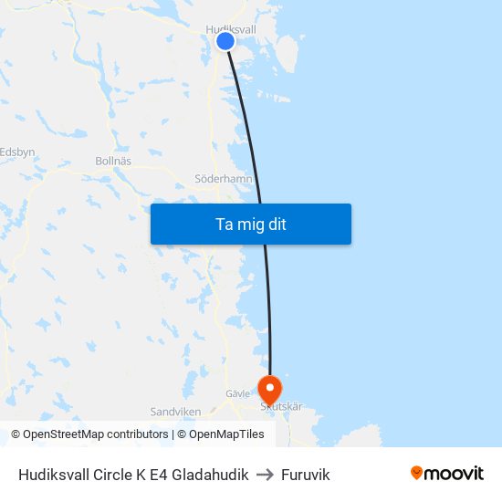 Hudiksvall Circle K E4 Gladahudik to Furuvik map