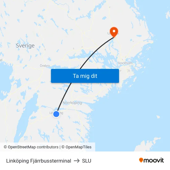 Linköping Fjärrbussterminal to SLU map