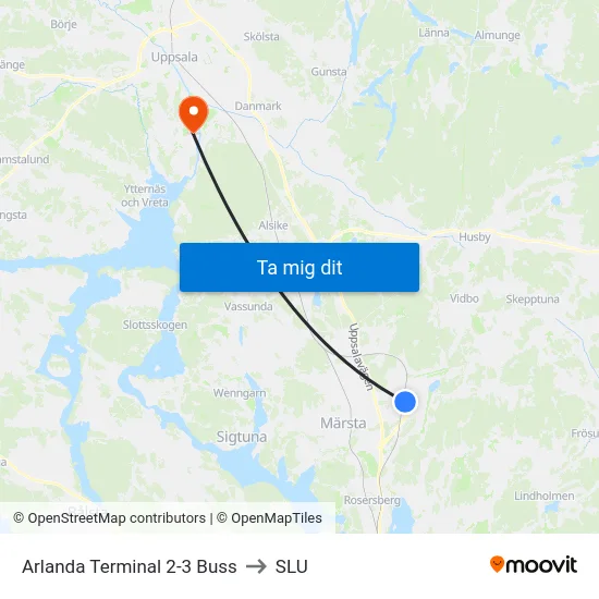 Arlanda Terminal 2-3 Buss to SLU map