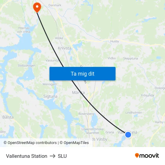 Vallentuna Station to SLU map