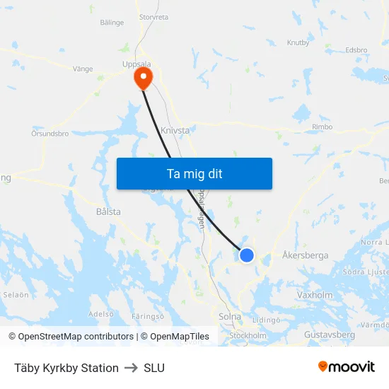Täby Kyrkby Station to SLU map