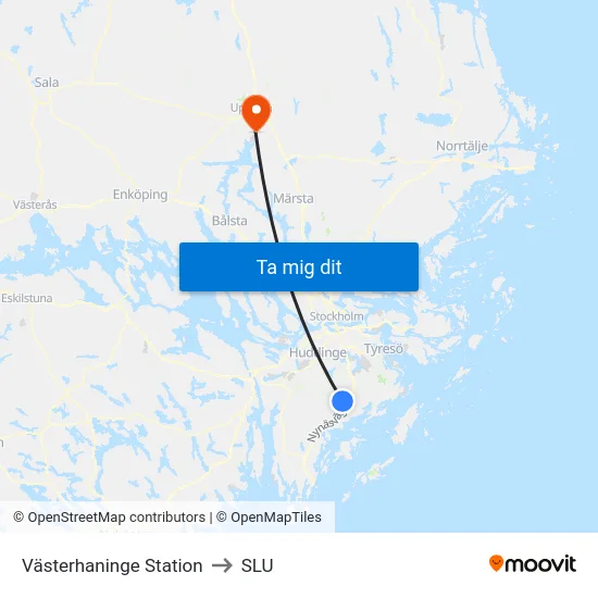 Västerhaninge Station to SLU map