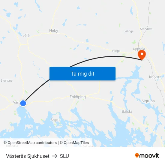 Västerås Sjukhuset to SLU map
