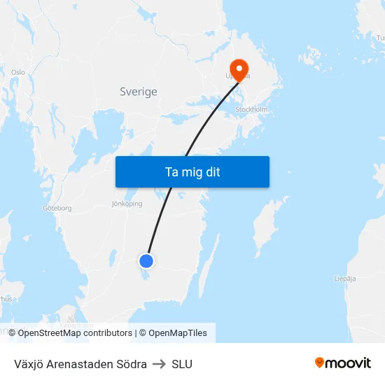 Växjö Arenastaden Södra to SLU map