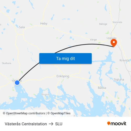 Västerås Centralstation to SLU map