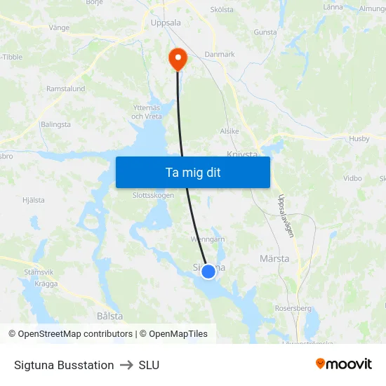 Sigtuna Busstation to SLU map