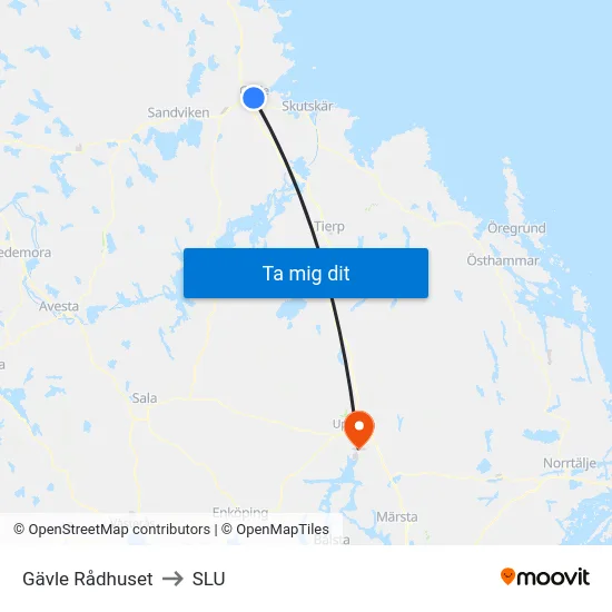 Gävle Rådhuset to SLU map
