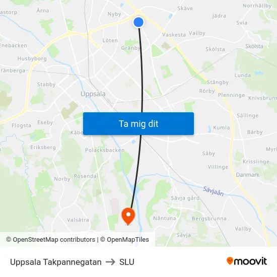 Uppsala Takpannegatan to SLU map