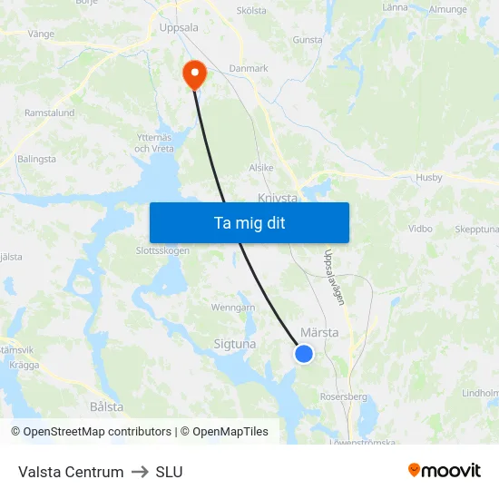 Valsta Centrum to SLU map