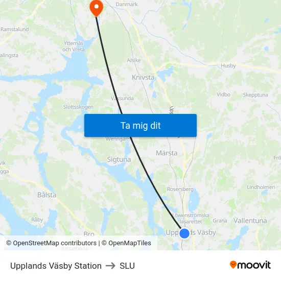 Upplands Väsby Station to SLU map