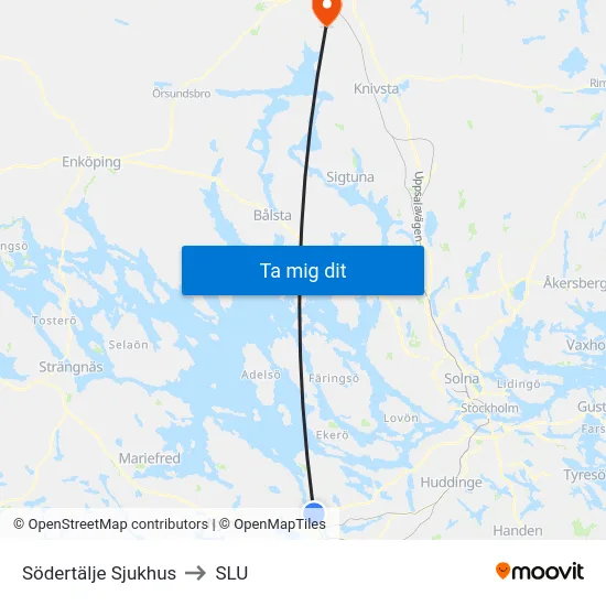 Södertälje Sjukhus to SLU map