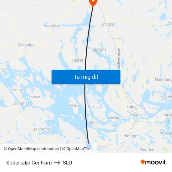 Södertälje Centrum to SLU map