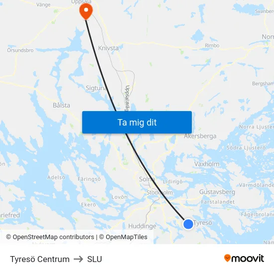 Tyresö Centrum to SLU map
