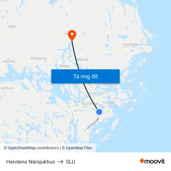 Handens Närsjukhus to SLU map