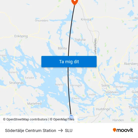 Södertälje Centrum Station to SLU map