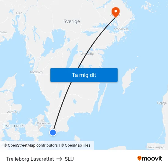 Trelleborg Lasarettet to SLU map