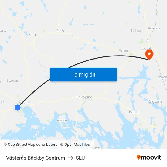 Västerås Bäckby Centrum to SLU map