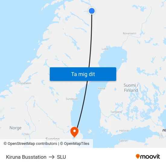 Kiruna Busstation to SLU map
