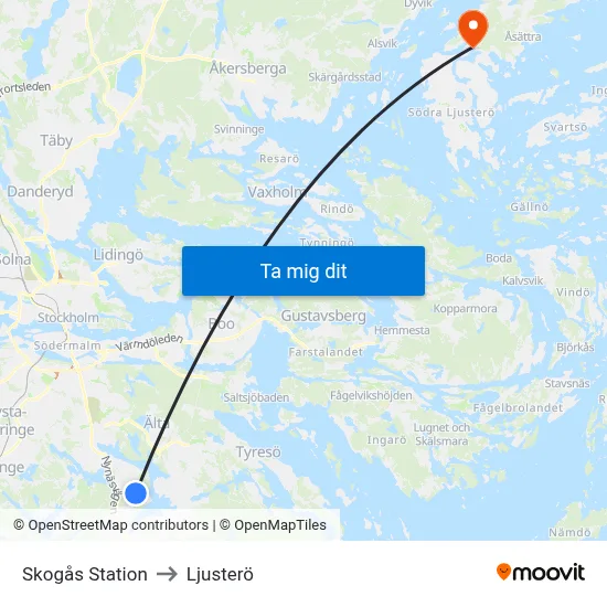 Skogås Station to Ljusterö map