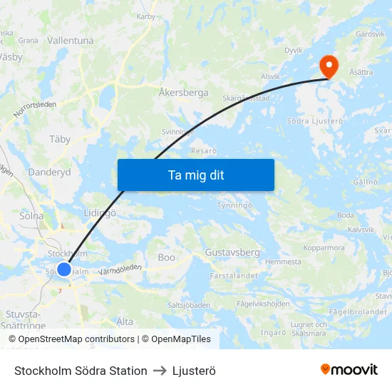 Stockholm Södra Station to Ljusterö map