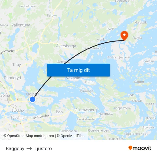 Baggeby to Ljusterö map