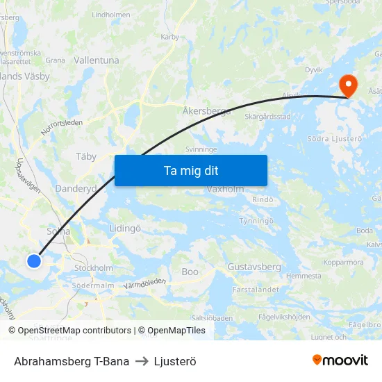 Abrahamsberg T-Bana to Ljusterö map