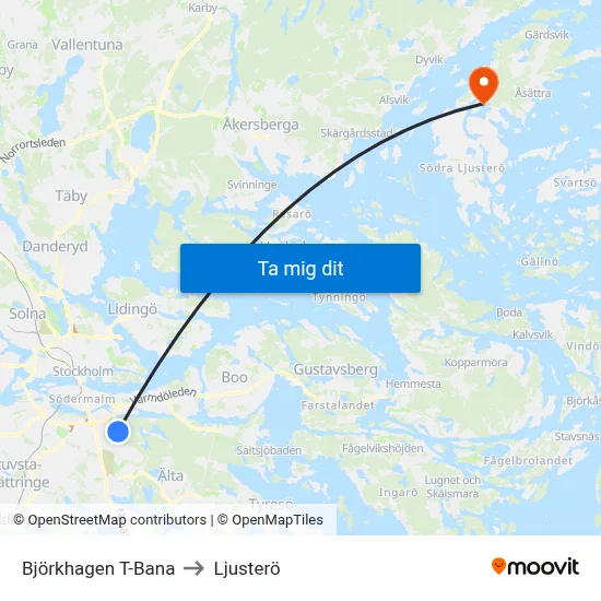 Björkhagen T-Bana to Ljusterö map
