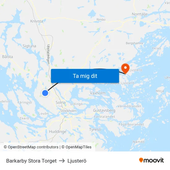 Barkarby Stora Torget to Ljusterö map