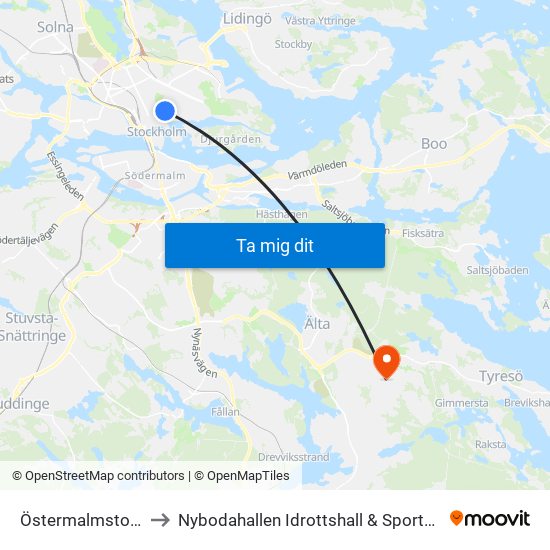 Östermalmstorg to Nybodahallen Idrottshall & Sporthall map