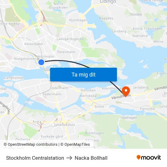 Stockholm Centralstation to Nacka Bollhall map