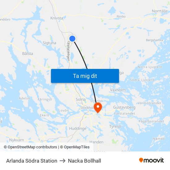 Arlanda Södra Station to Nacka Bollhall map