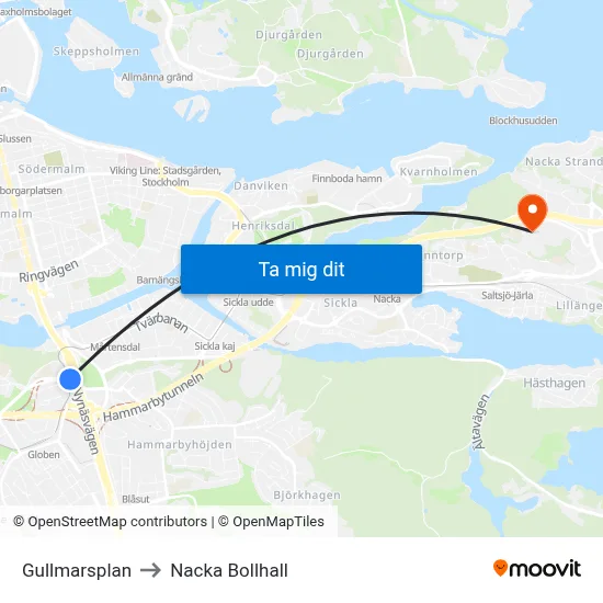 Gullmarsplan to Nacka Bollhall map