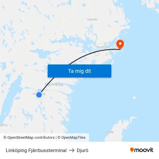 Linköping Fjärrbussterminal to Djurö map
