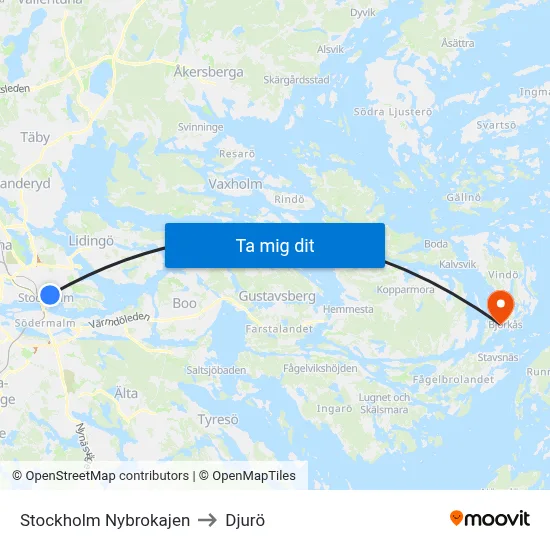 Stockholm Nybrokajen to Djurö map