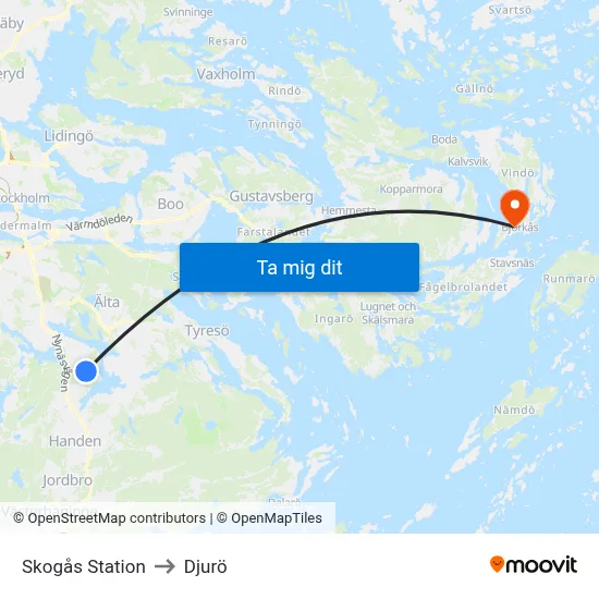 Skogås Station to Djurö map
