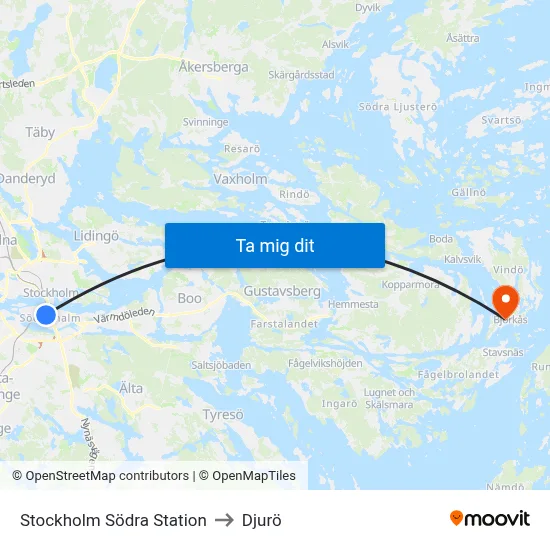 Stockholm Södra Station to Djurö map