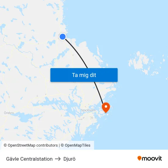 Gävle Centralstation to Djurö map