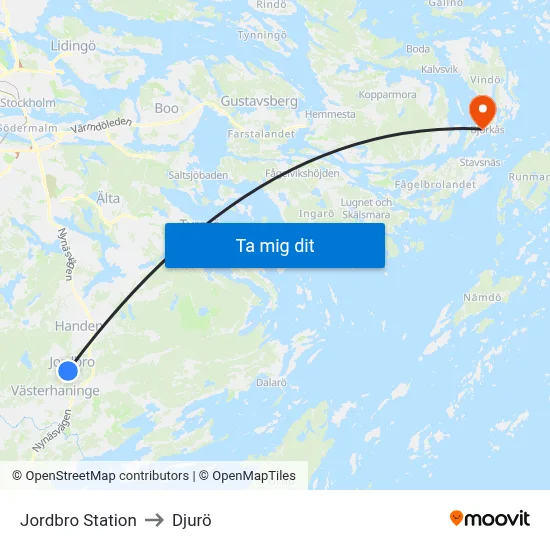 Jordbro Station to Djurö map